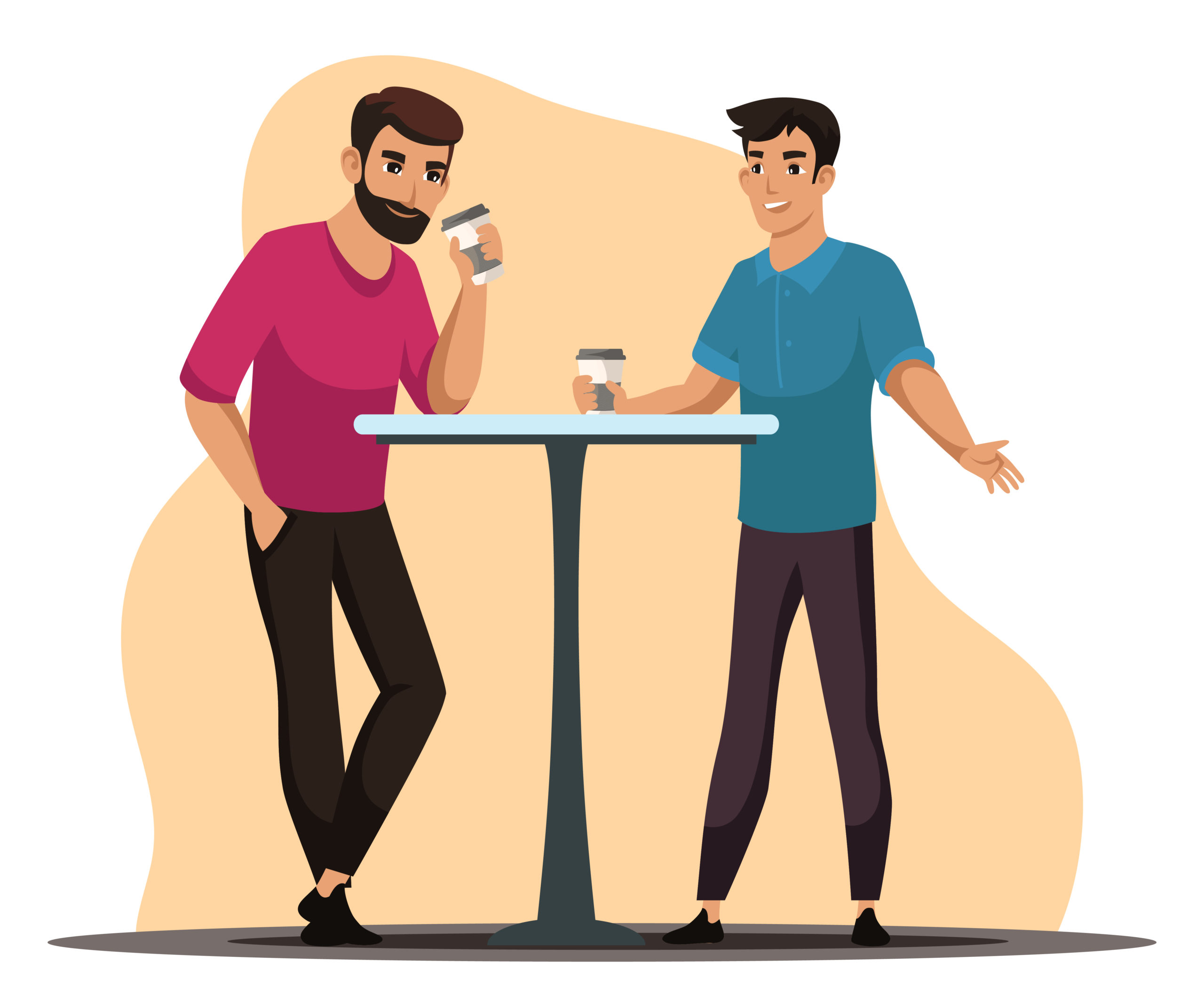 coffee break concept, two men stand at table in cafe, relaxing in cafeteria. friends or colleagues meeting in bistro, drinking beverage, communicate, pastime together.