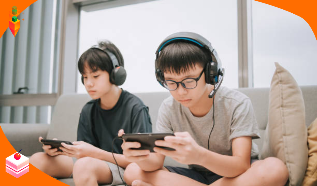 two kids gaming on mobile phone with headset